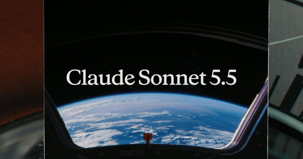 Anthropic official Claude Sonnet 5.5 launch artwork showing Earth through a spacecraft window