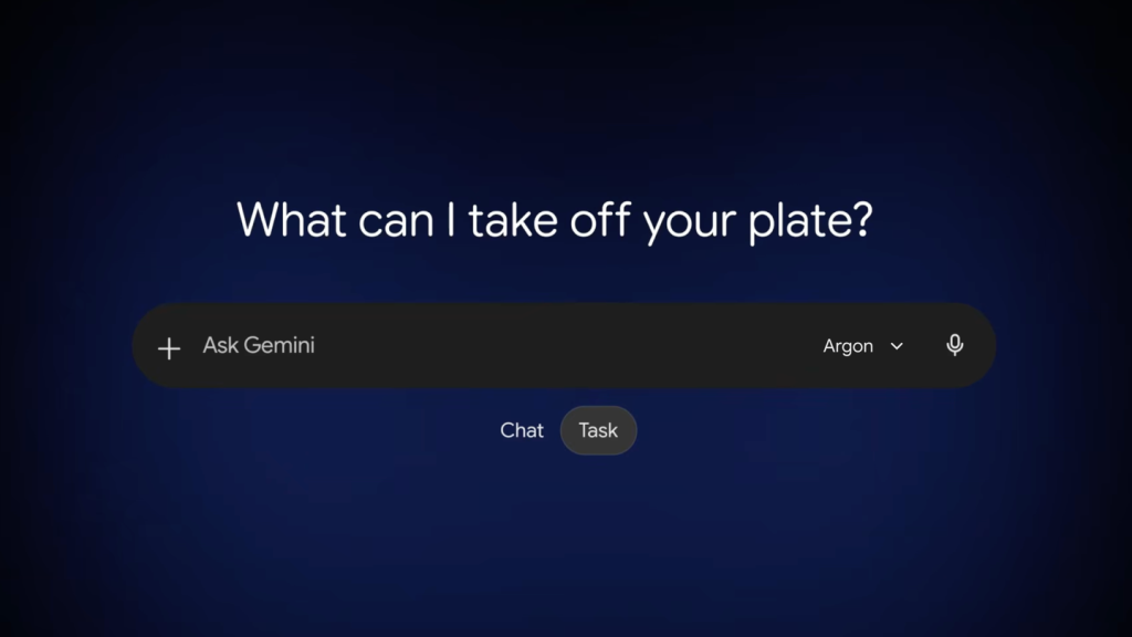Official Gemini app announcement showing the Argon selector and Chat and Task controls