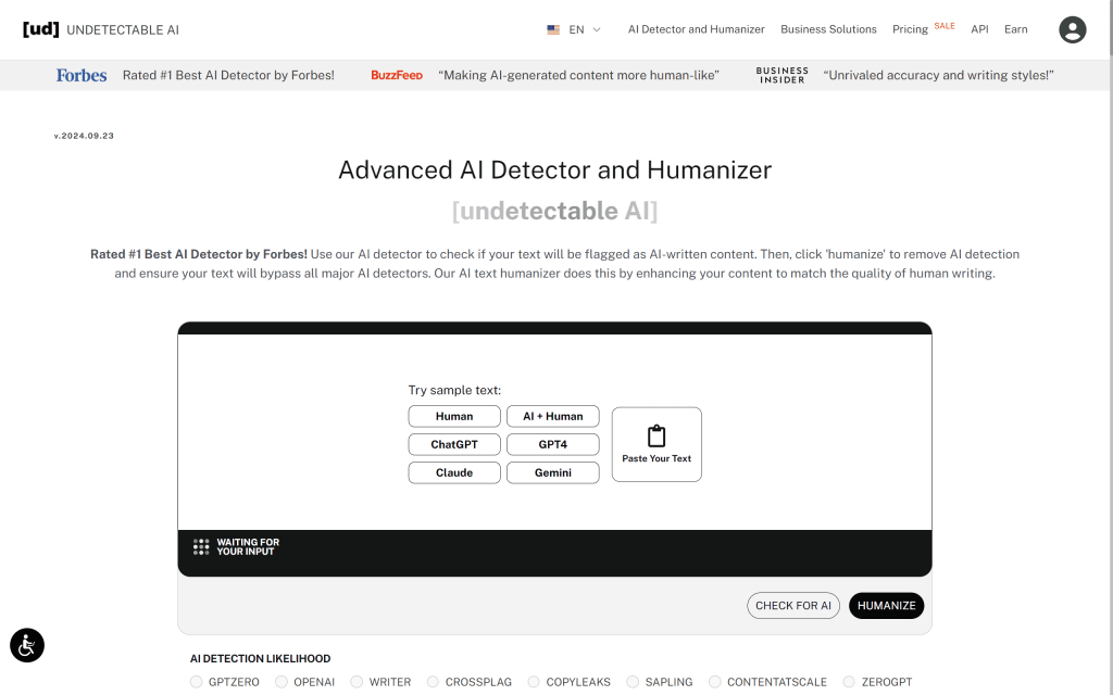 Undetectable AI website screenshot